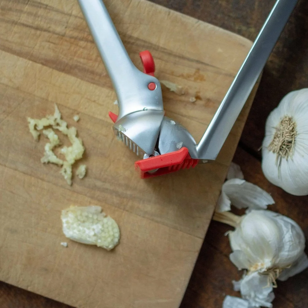 Dreamfarm Silver Garlic Press with Red Accents